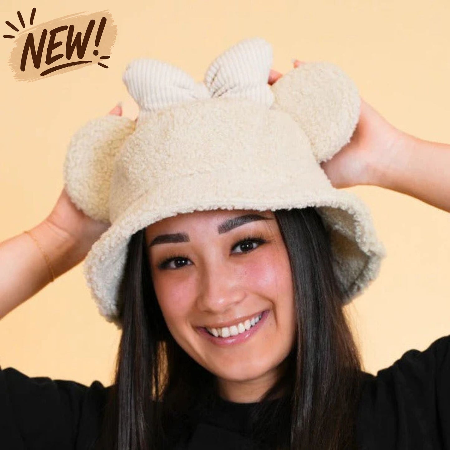 MOUSE EAR BUCKET HAT - Cream Bow Sherpa