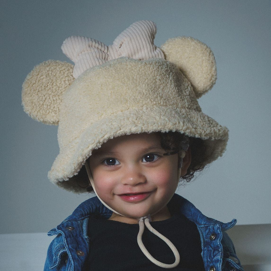 MOUSE EAR BUCKET HAT - Cream Bow Sherpa