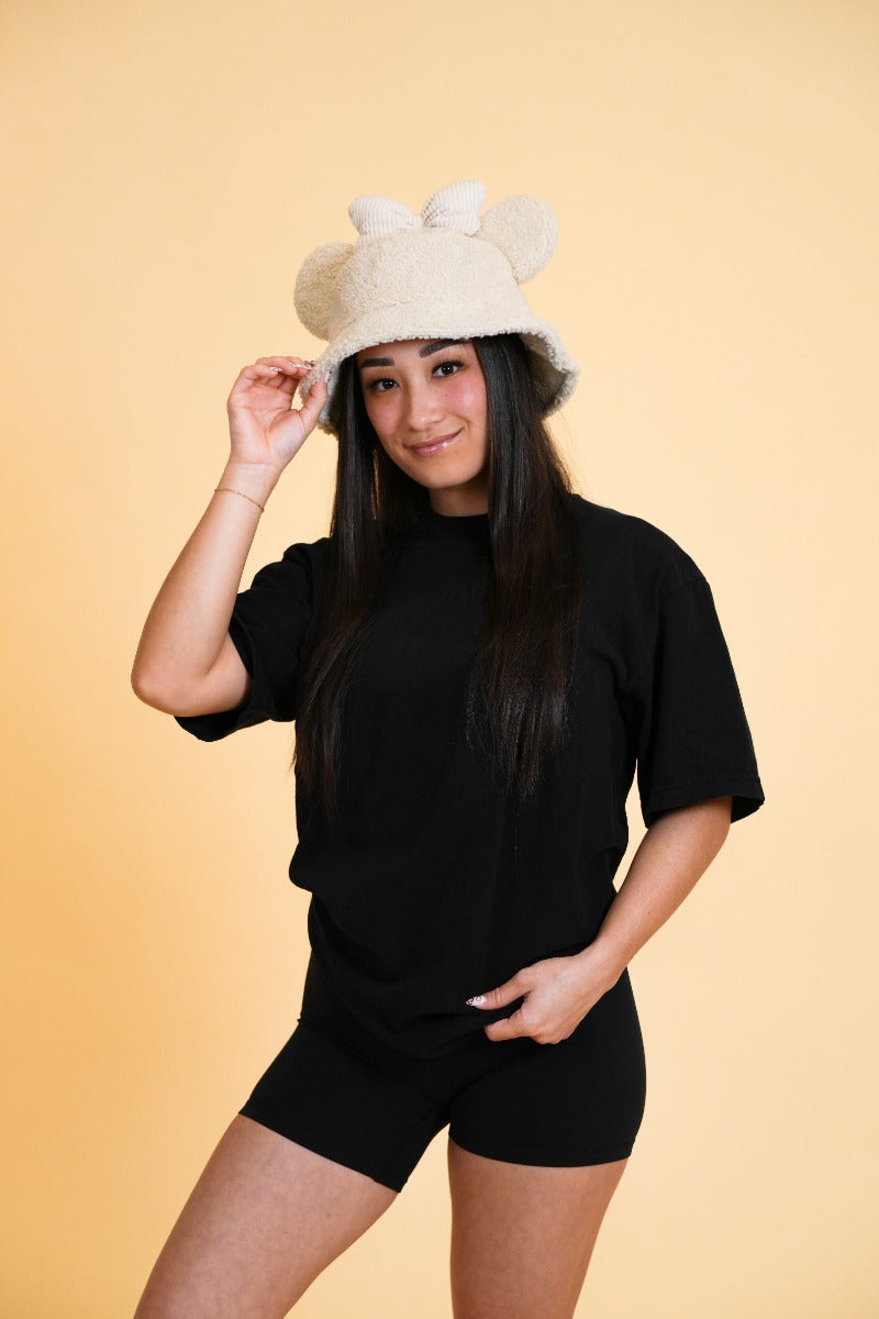 MOUSE EAR BUCKET HAT - Cream Bow Sherpa